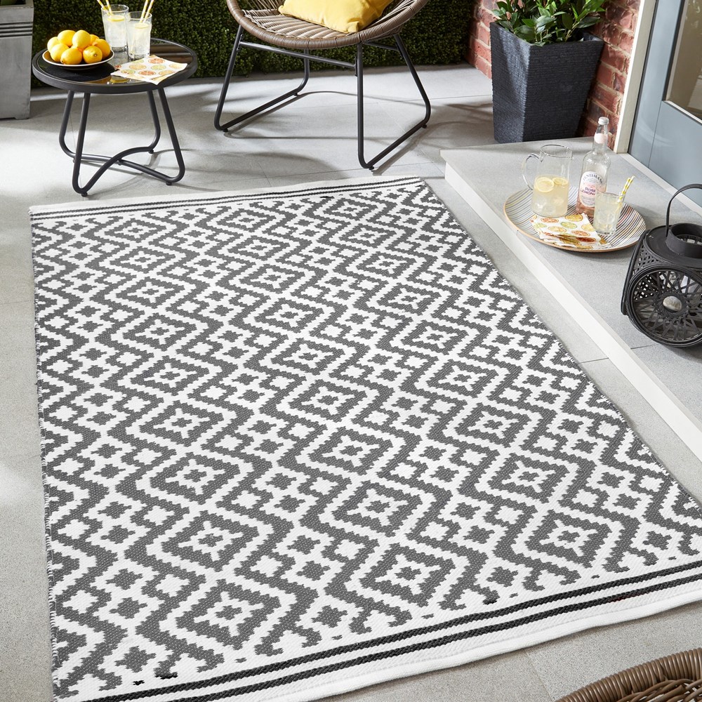 Aztec Geometric Outdoor Rugs in Dark Grey